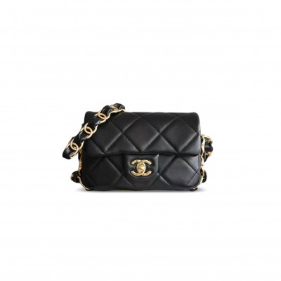 CHANEL 24K FLAP SHOULDER BAG WITH CHUNKY CHAIN STRAP LAMBSKIN AS5175 (17*11*4cm)